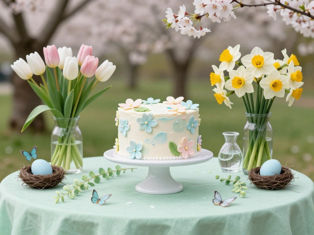 Spring cake table with pastel colors, fresh tulips, and butterfly accents