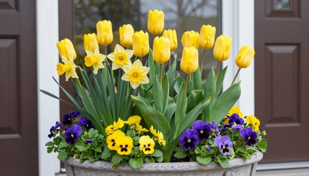 Spring front door planter arrangement with tulips, daffodils, pansies and fresh green foliage Spring front door planter arrangement with tulips, daffodils, pansies and fresh green foliage