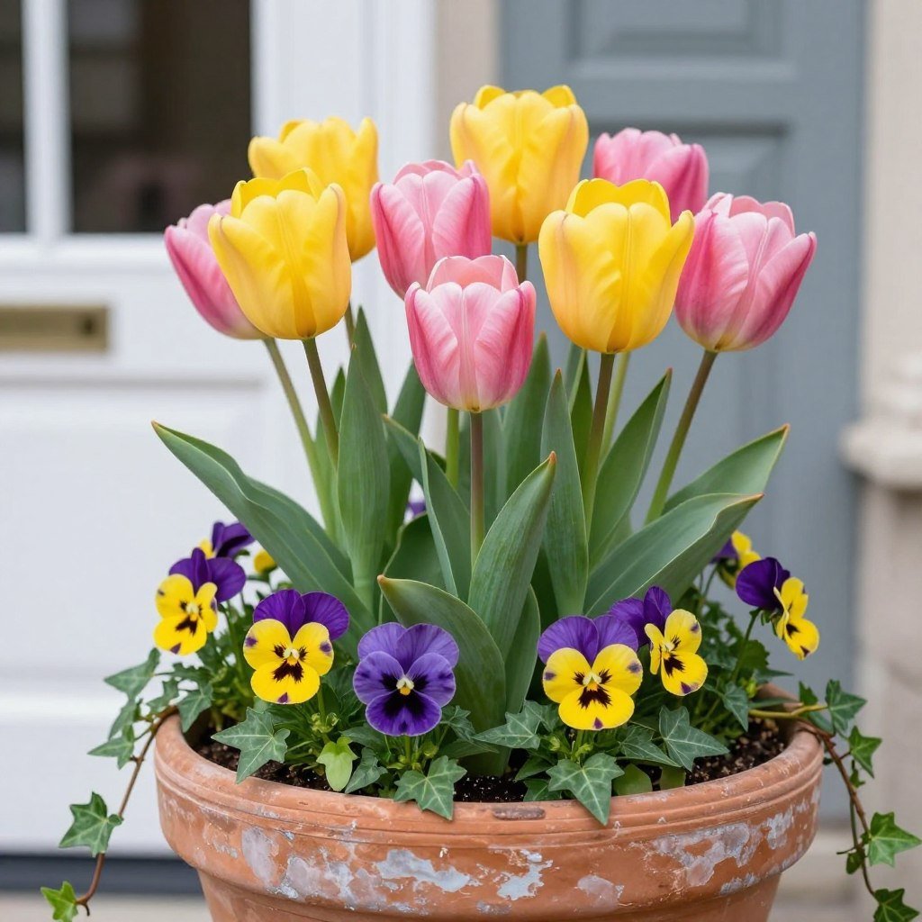 Spring front door planter with tulips, pansies, and ivy