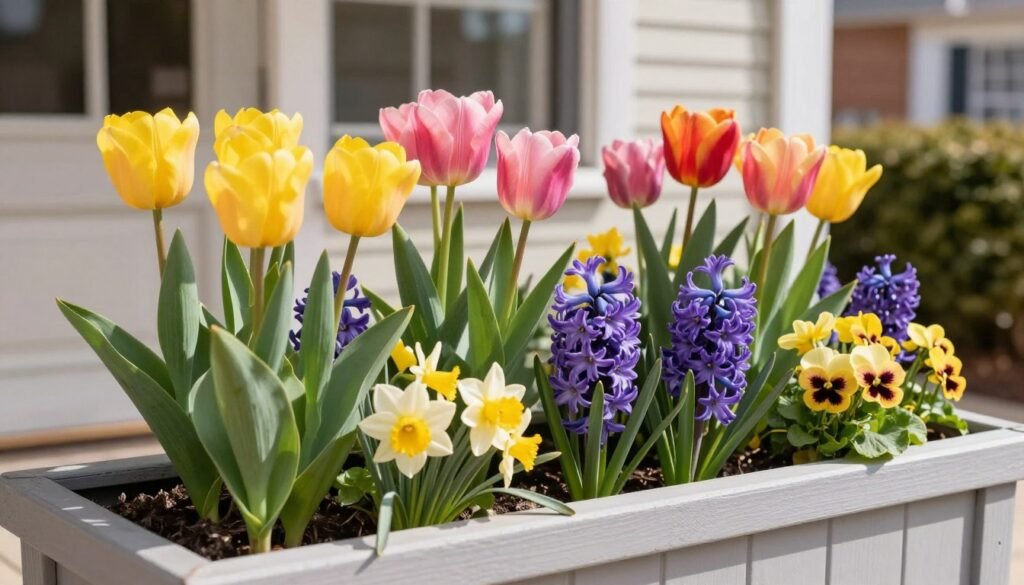 Spring front porch planters filled with tulips, daffodils and pansies in bright colors Spring front porch planters filled with tulips, daffodils and pansies in bright colors