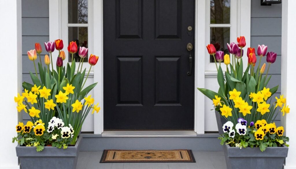 Spring front porch planters with vibrant tulips, daffodils, and pansies creating a cheerful welcome