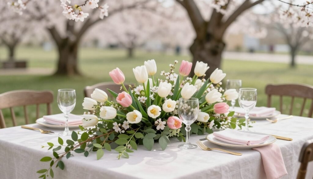 Spring-inspired head table wedding decorations with tulips and cherry blossoms
