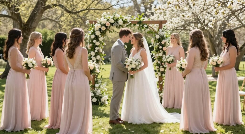 Spring outdoor wedding with blush pink bridesmaid dresses in garden setting