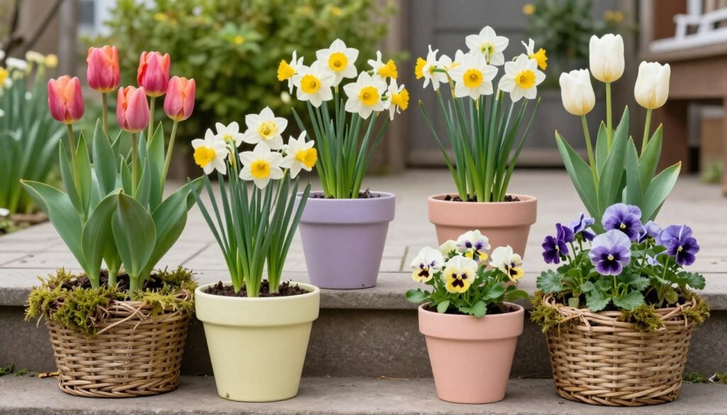 Spring planter arrangement with tulips, daffodils, and pansies in pastel-colored containers Spring planter arrangement with tulips, daffodils, and pansies in pastel-colored containers