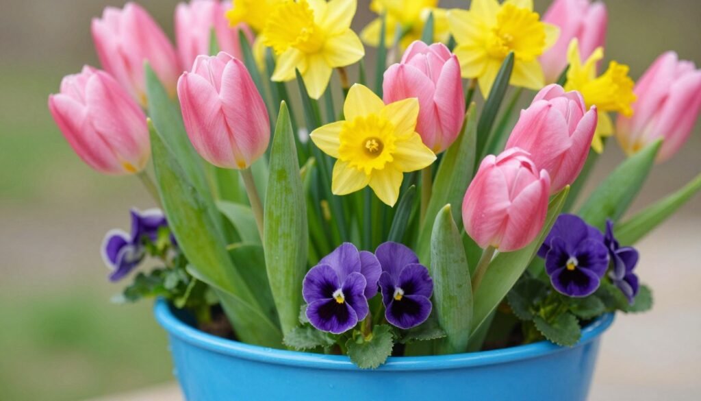Spring planter with pink tulips, yellow daffodils, and purple pansies in a blue ceramic pot
