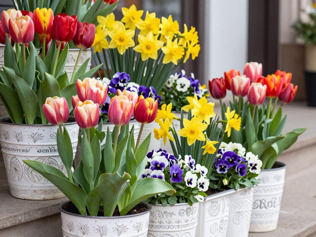 Spring planters filled with tulips, daffodils, and pansies in bright colors