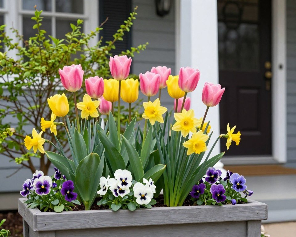 Spring porch planters filled with tulips, daffodils, and pansies in pastel colors