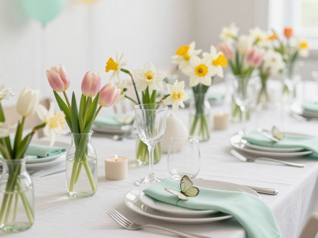 Spring rehearsal dinner decorations with pastel colors, fresh flowers and light, airy elements