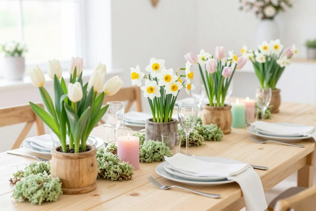 Spring rustic wedding decor with fresh flowers and green elements