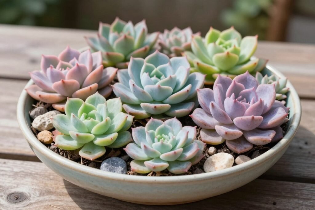 Spring succulent arrangement in a shallow bowl with various colors and textures