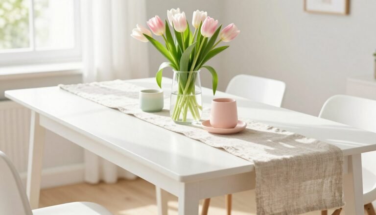 Spring-themed cocktail table decor with fresh flowers and pastel accents