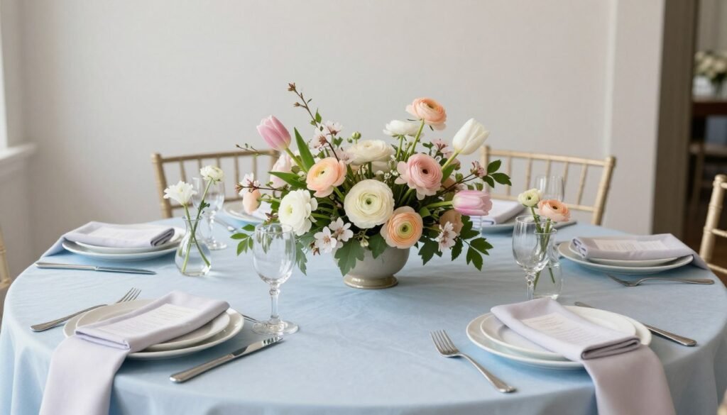 Spring-themed round wedding table with pastel flowers and fresh greenery