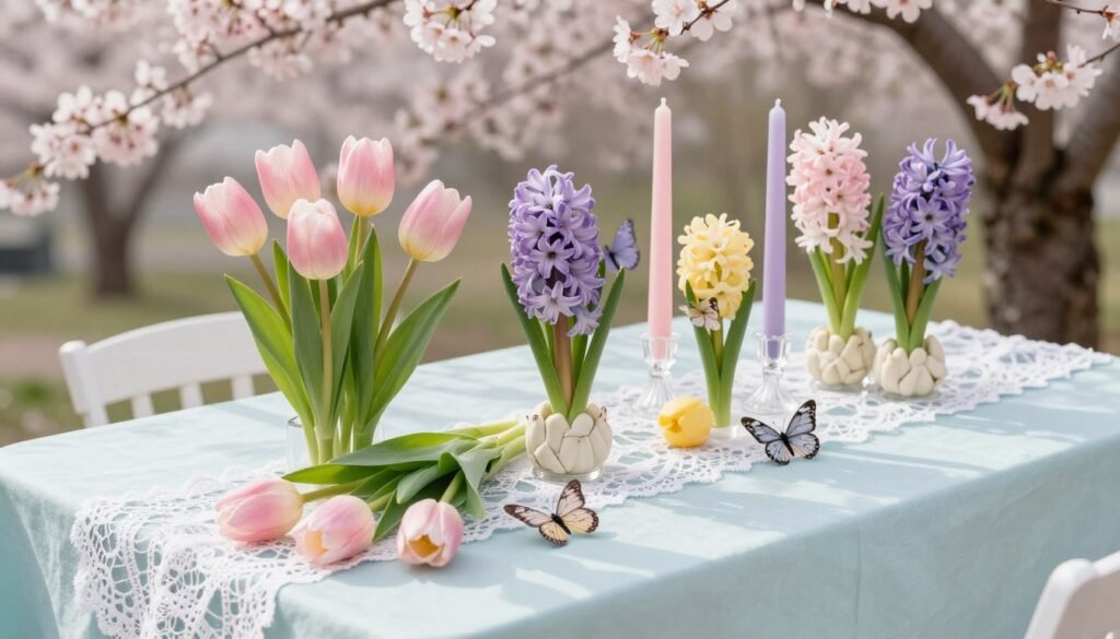 Spring-themed sweetheart table with pastel flowers, cherry blossoms, and butterfly accents Spring-themed sweetheart table with pastel flowers, cherry blossoms, and butterfly accents