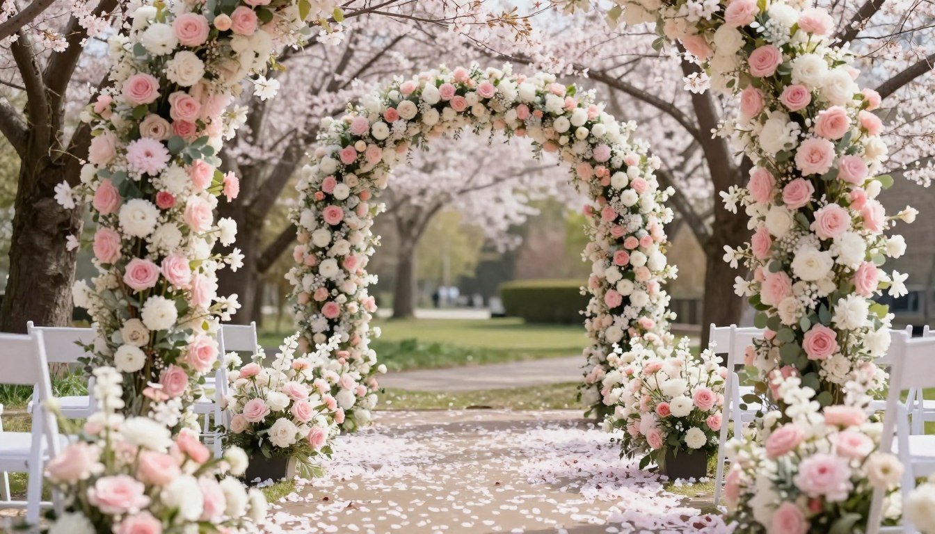 Spring wedding aisle decorated with pastel flowers and cherry blossoms