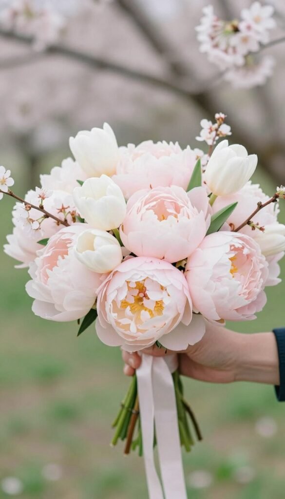 Spring wedding bouquet with tulips, peonies, and cherry blossoms