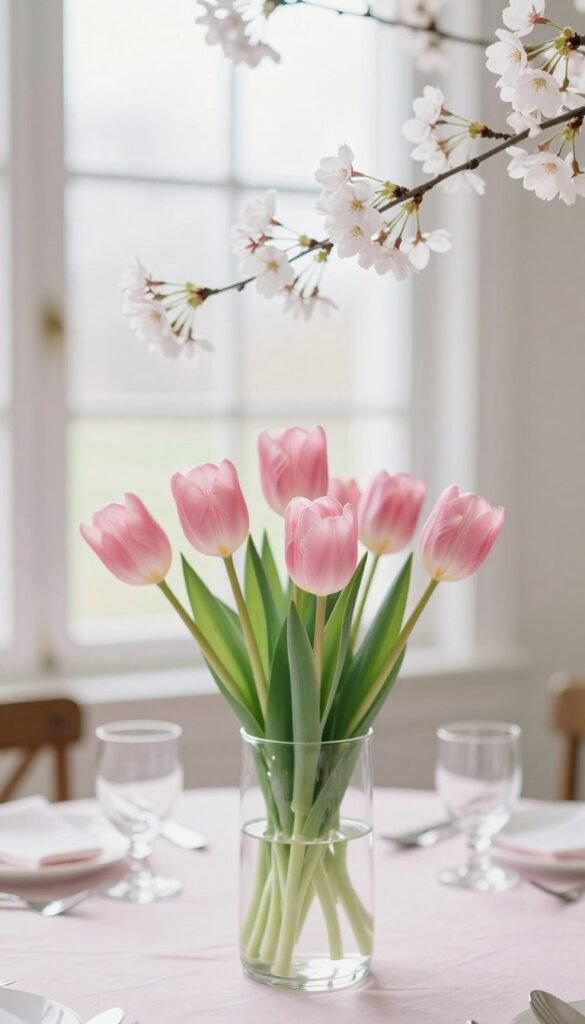 Spring wedding centerpiece with tulips and cherry blossoms