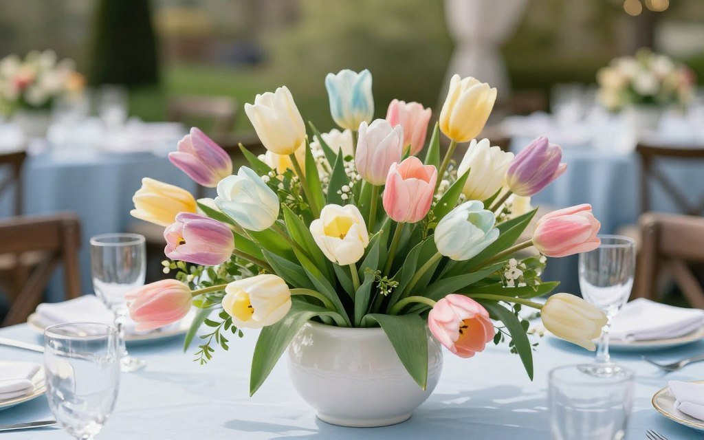 Spring wedding centerpiece with tulips and pastel colors