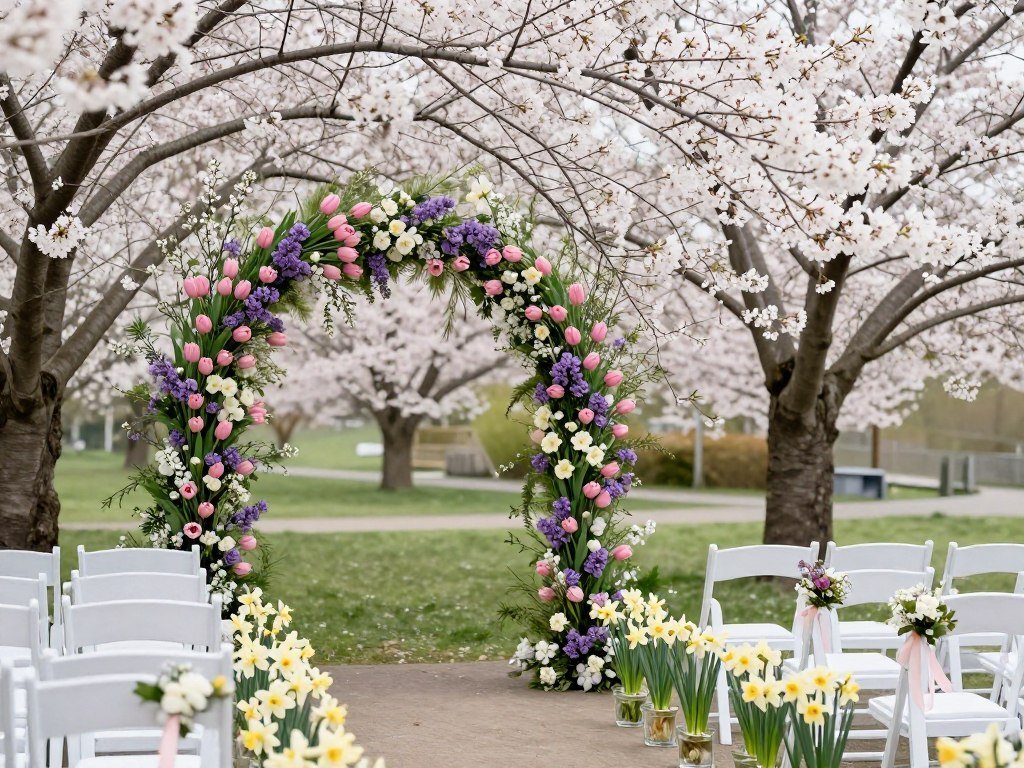 Spring wedding ceremony with cherry blossoms and pastel flowers