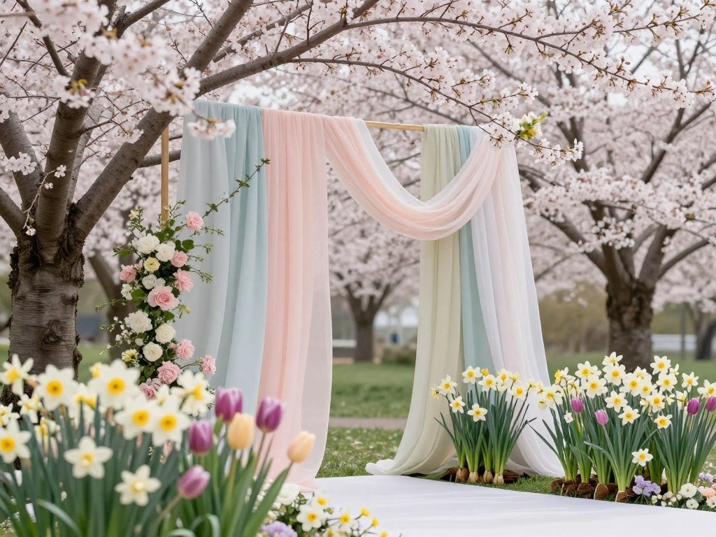 Spring wedding decor with cherry blossoms, tulips, and pastel accents