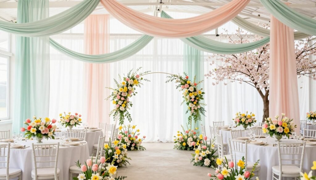 Spring wedding decoration with pastel flowers, light fabrics, and natural elements Spring wedding decoration with pastel flowers, light fabrics, and natural elements