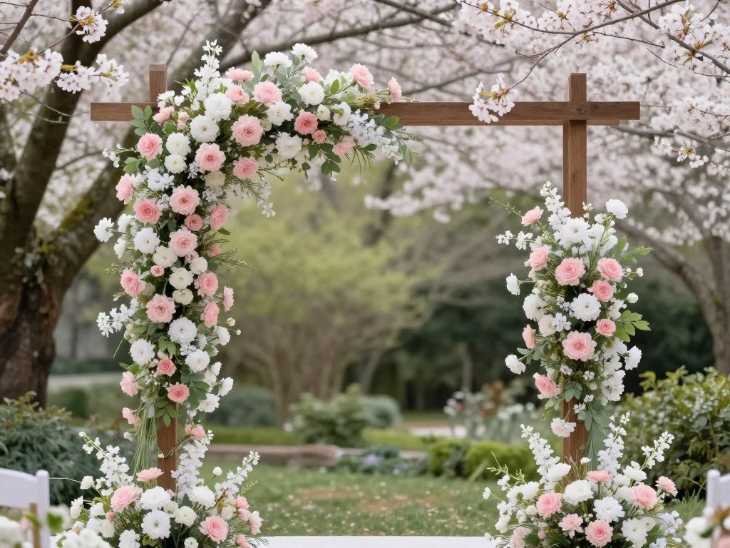 Spring wedding decorations with pastel flowers, cherry blossoms, and light greenery