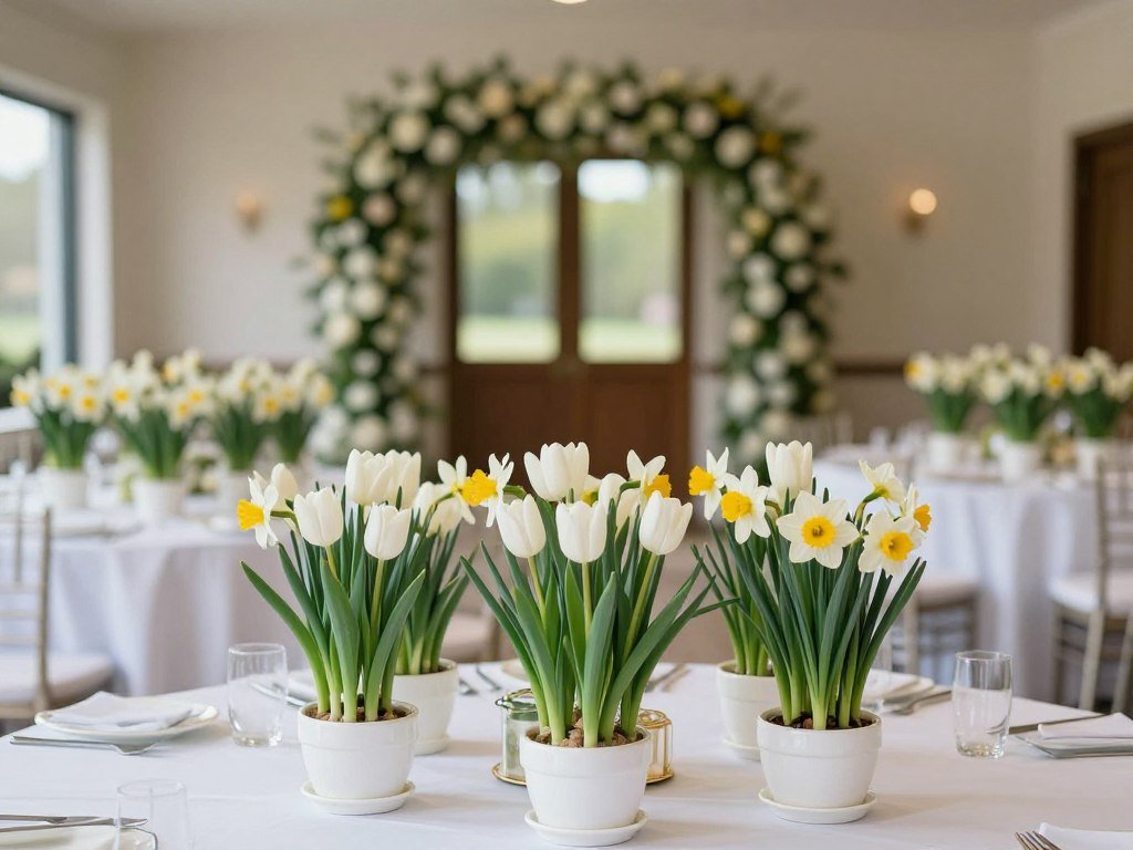 Spring wedding decorations with potted tulips and daffodils Spring wedding decorations with potted tulips and daffodils
