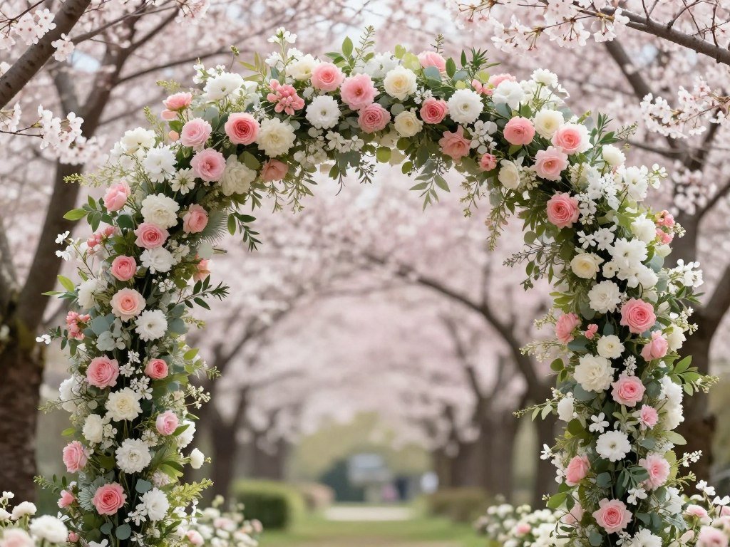 Spring wedding entrance with cherry blossoms and pastel flowers