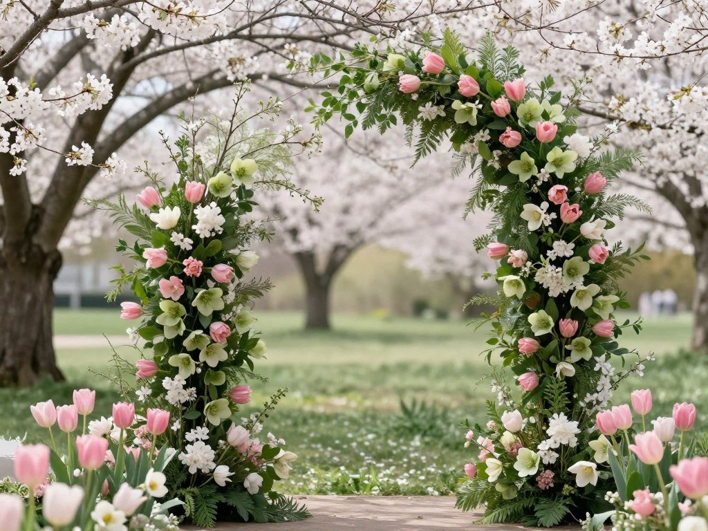 Spring wedding flower decorations featuring tulips and cherry blossoms Spring wedding flower decorations featuring tulips and cherry blossoms