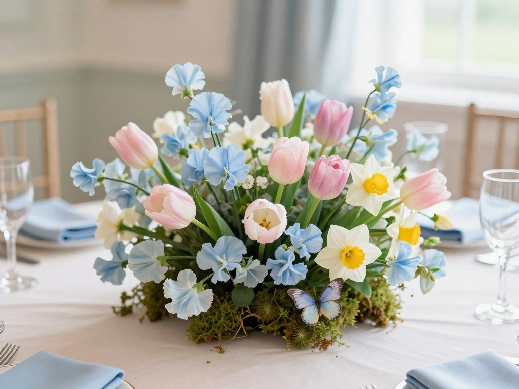 Spring wedding table decoration with pastel flowers and butterfly accents