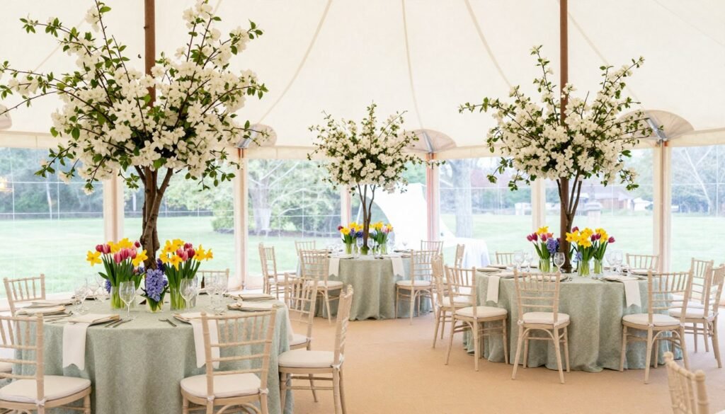 Spring wedding tent with pastel colors, flowering branches, and fresh spring blooms