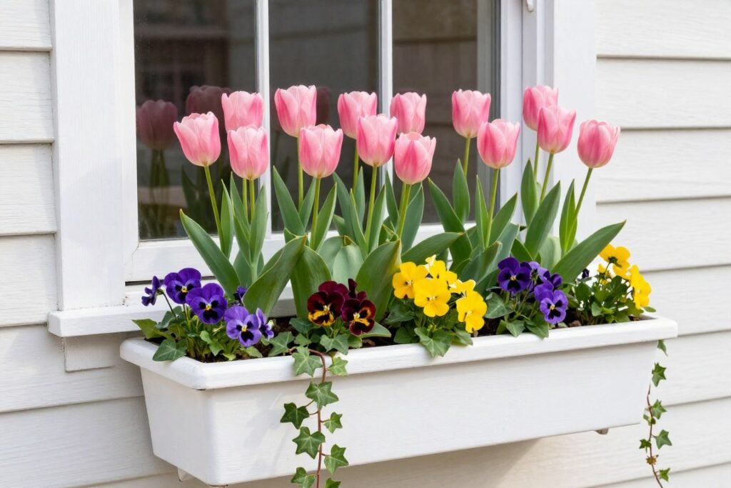 Spring window box filled with colorful tulips, pansies, and trailing ivy Spring window box filled with colorful tulips, pansies, and trailing ivy