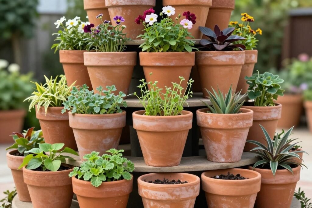 Stacked terracotta pots creating a vertical tower with different plants in each level Stacked terracotta pots creating a vertical tower with different plants in each level