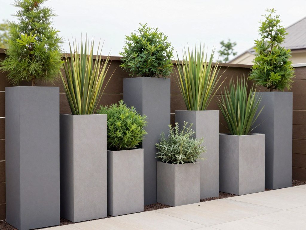 Staggered height privacy planters creating a dynamic screen