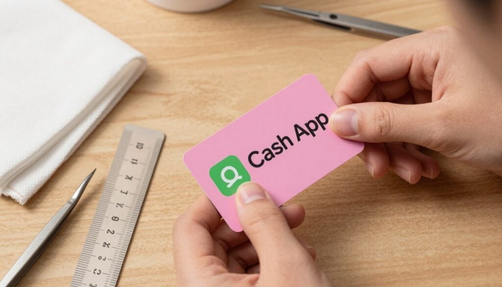 Step by step application of stickers on pink cashapp card