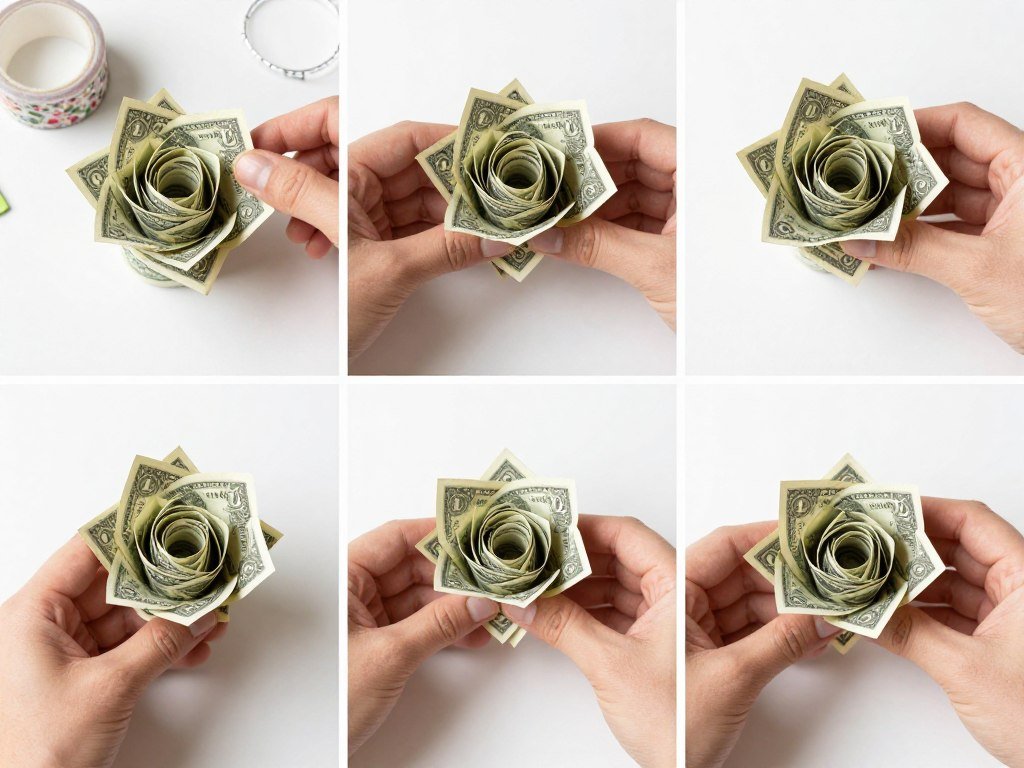 Step-by-step money bouquet tutorial showing dollar bill roses
