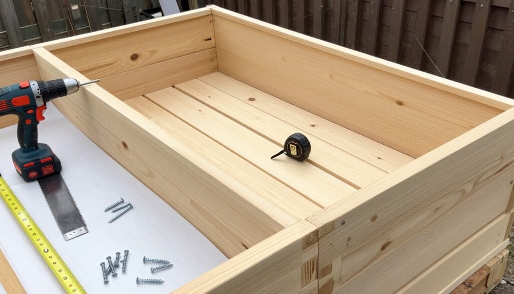 Step-by-step process of building a wooden planter box showing tools and materials Step-by-step process of building a wooden planter box showing tools and materials