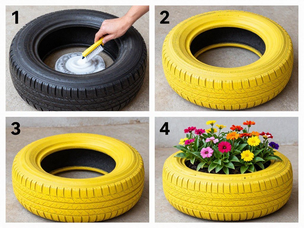 Step-by-step process of creating a basic painted tire planter showing cleaning, painting, and planting stages