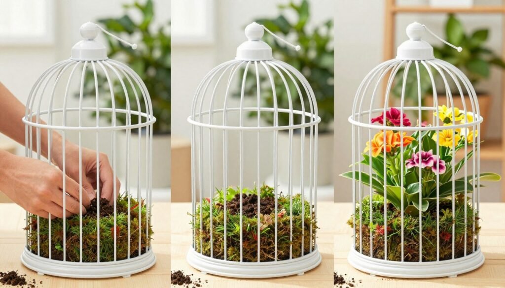 Step-by-step process of creating a birdcage planter with moss lining and flowering plants