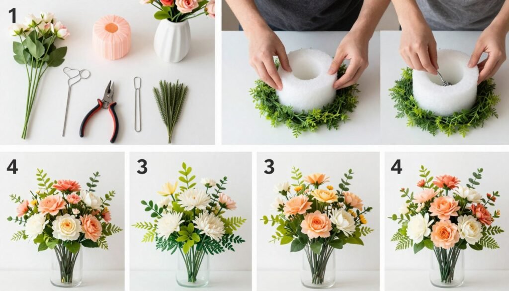 Step-by-step process of creating a fake flowers decor arrangement showing materials and techniques Step-by-step process of creating a fake flowers decor arrangement showing materials and techniques