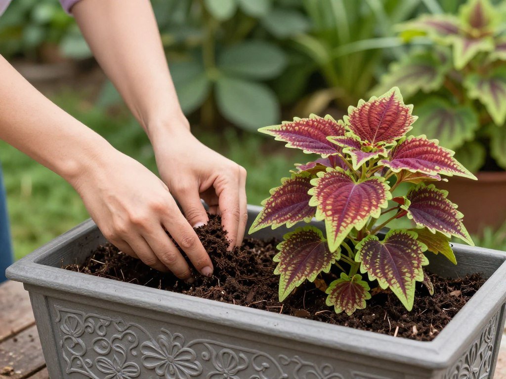 Step-by-step process of planting coleus in a decorative container