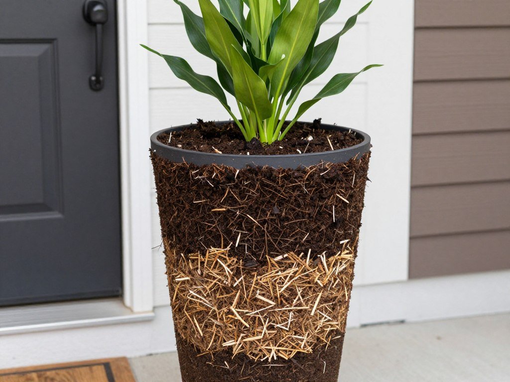 Step-by-step process of properly setting up a tall planter with drainage, soil, and plants Step-by-step process of properly setting up a tall planter with drainage, soil, and plants