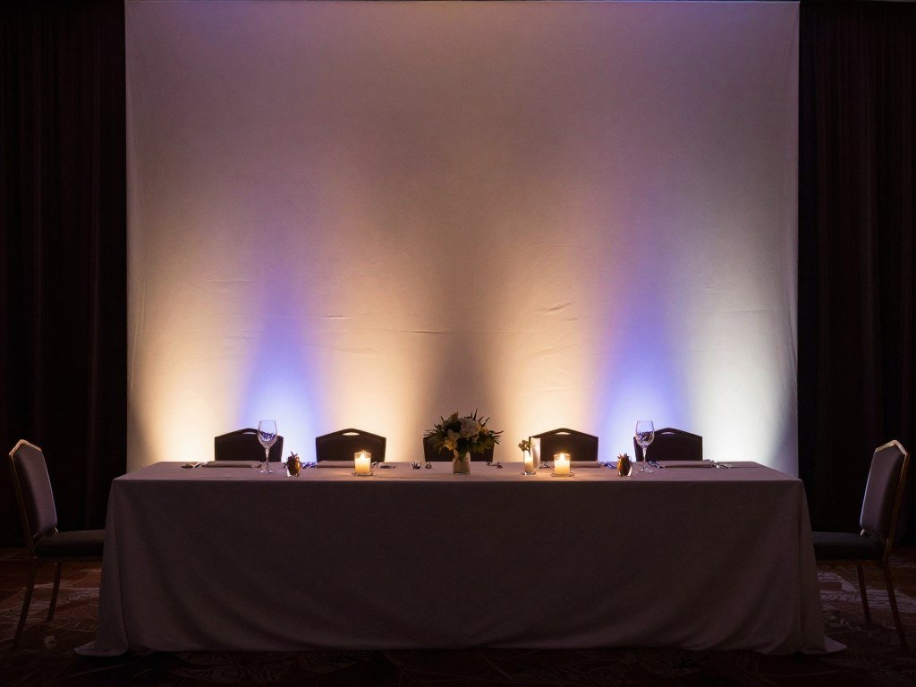 Strategic uplighting behind wedding head table creating dramatic effect