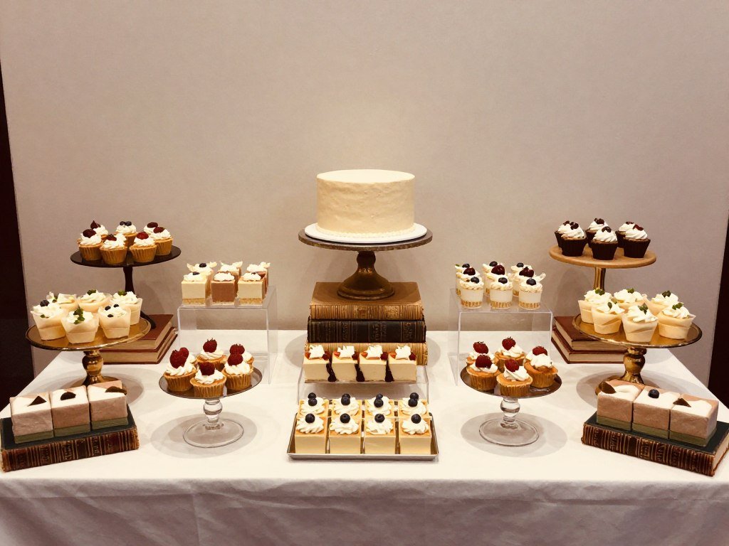 Strategically arranged dessert table showing varying heights, groupings, and visual balance