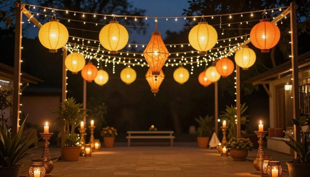 String lights and lanterns for evening haldi decoration