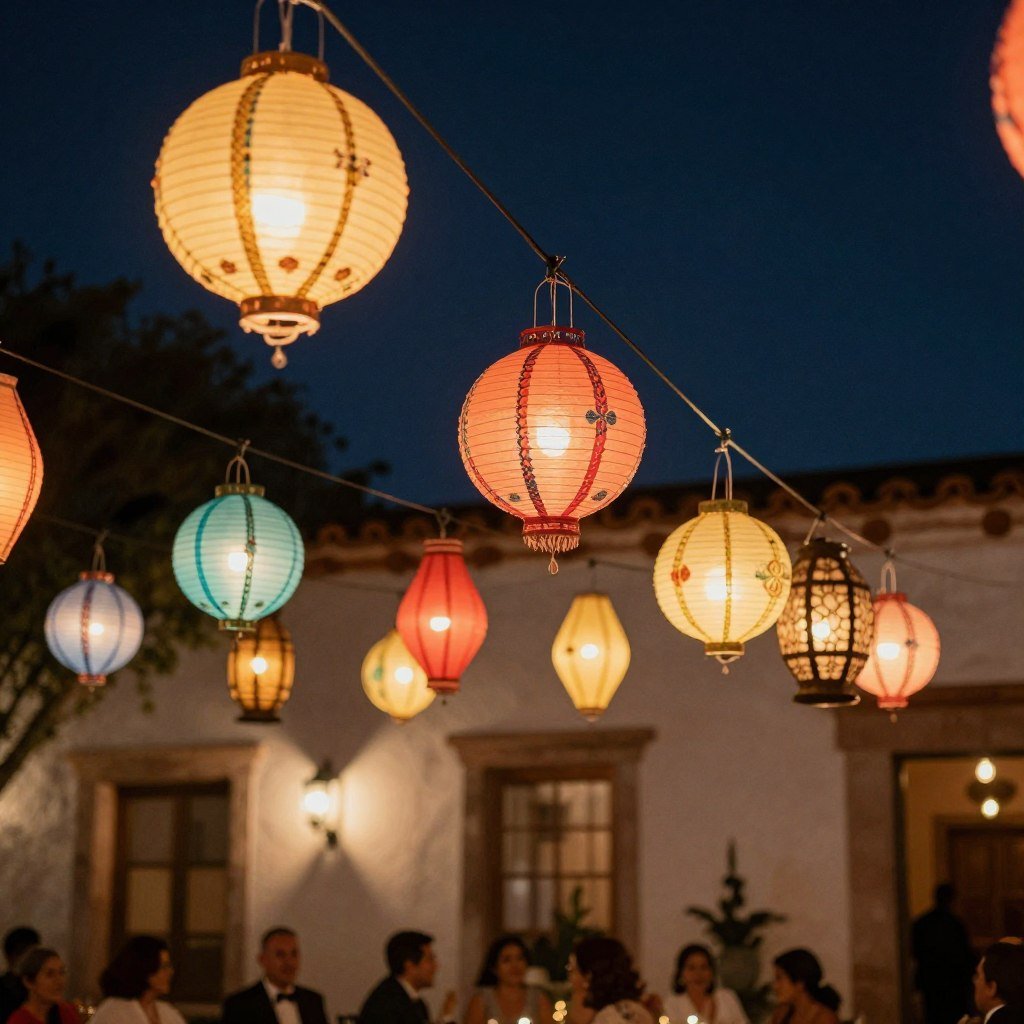 String lights and paper lanterns creating magical lighting for a hacienda wedding reception String lights and paper lanterns creating magical lighting for a hacienda wedding reception