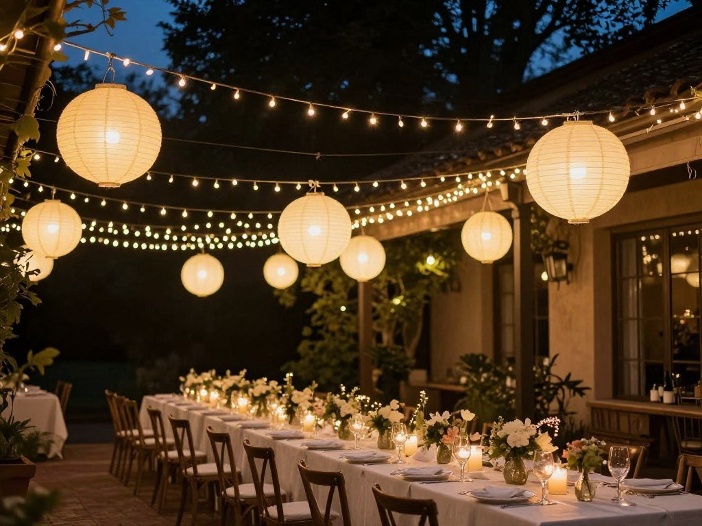 String lights and paper lanterns for Italian bridal shower ambiance