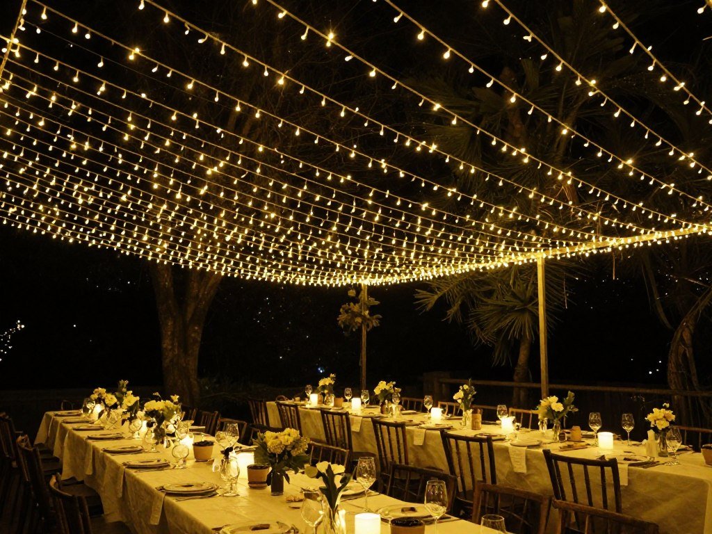 String lights creating a canopy effect for love is brewing bridal shower