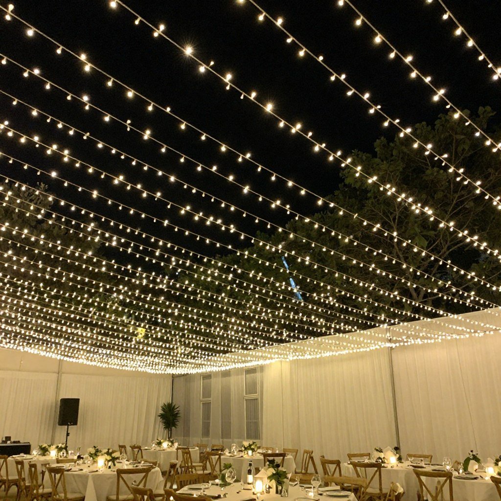 String lights creating a canopy effect over engagement party tables