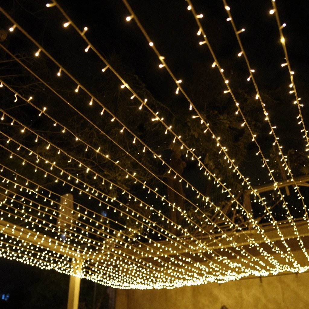 String lights hanging from ceiling at engagement party
