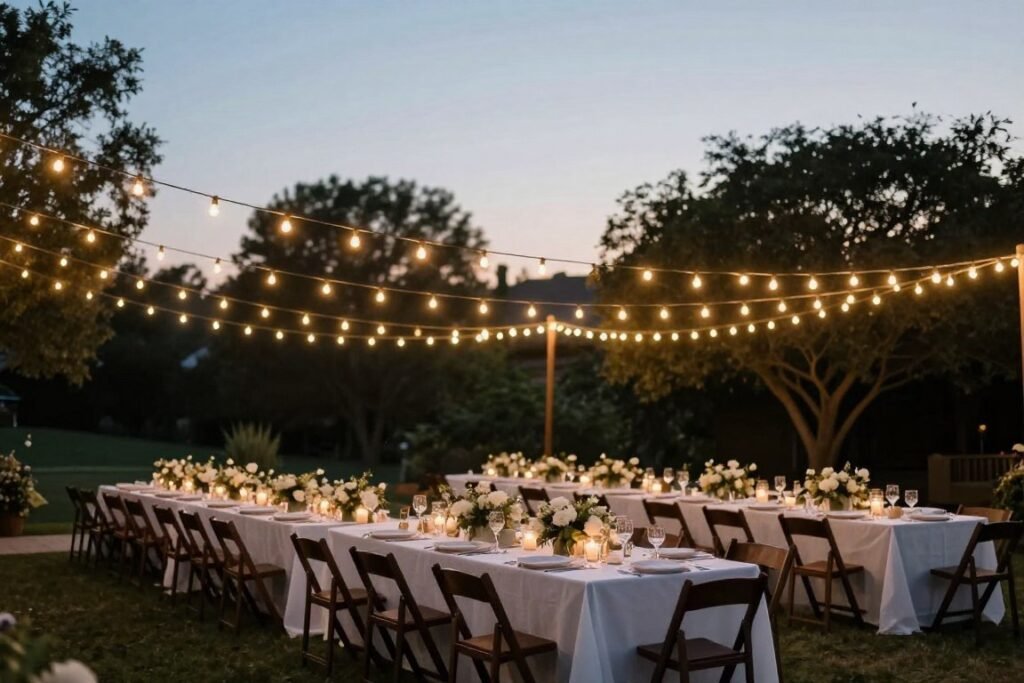 String lights hanging over backyard wedding reception area